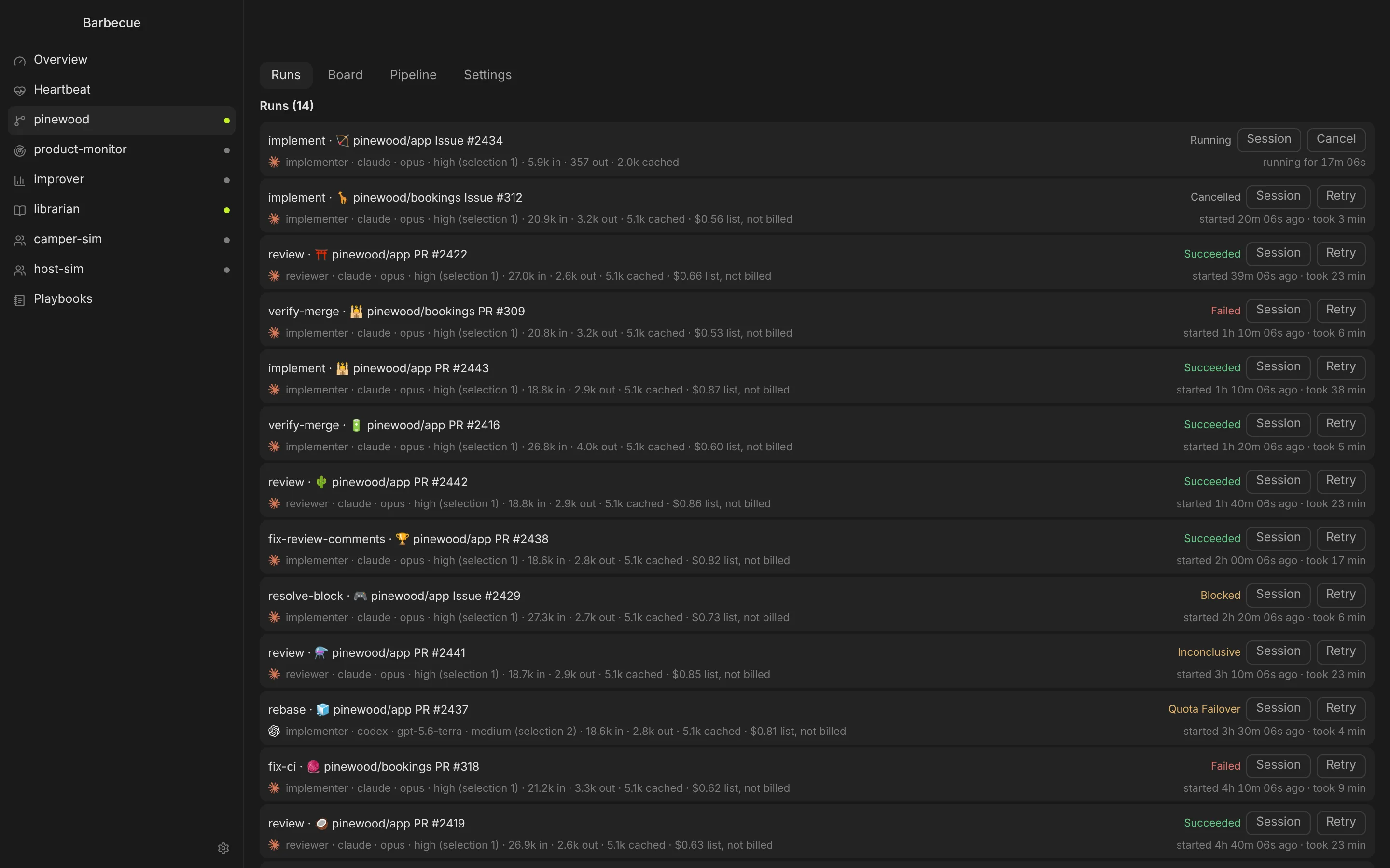 A list of Runs: implement, review, verify-merge, fix-ci and rebase, each with its outcome, model, tokens and cost